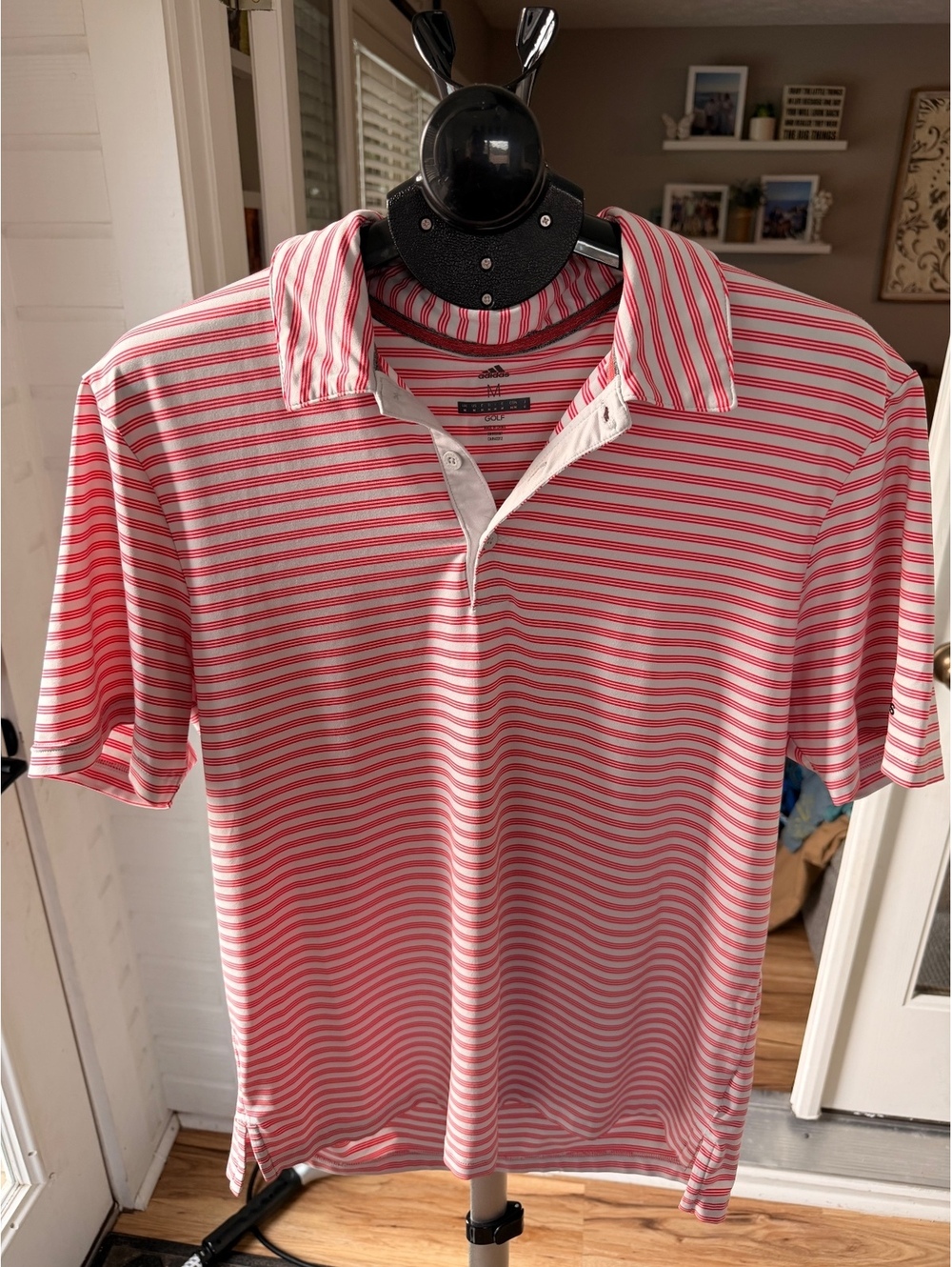 Adidas Men's Golf Polo Shirt Medium Pink White Striped